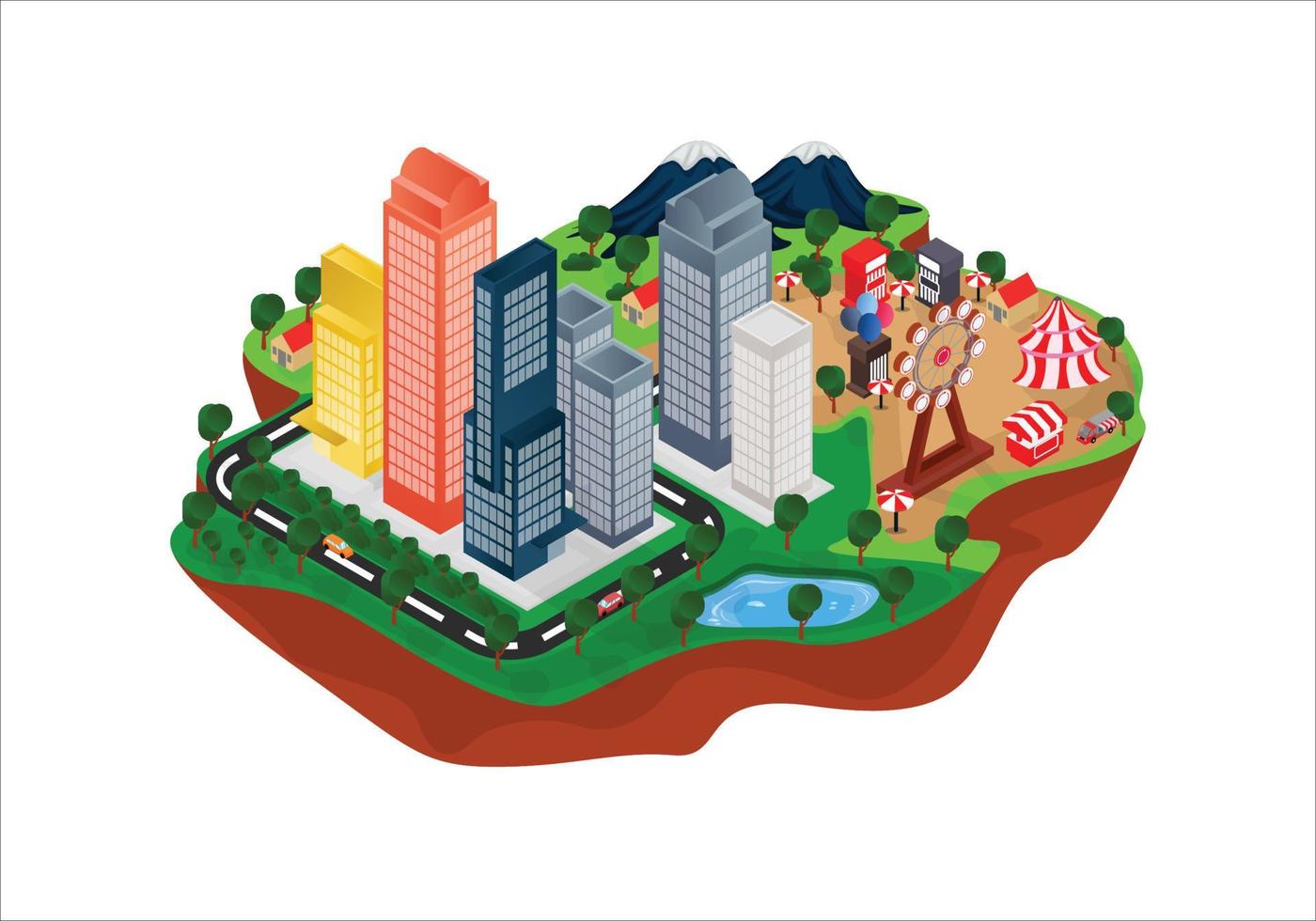 ilustración de estilo isométrico mapa de campo suburbano con mercado nocturno vector