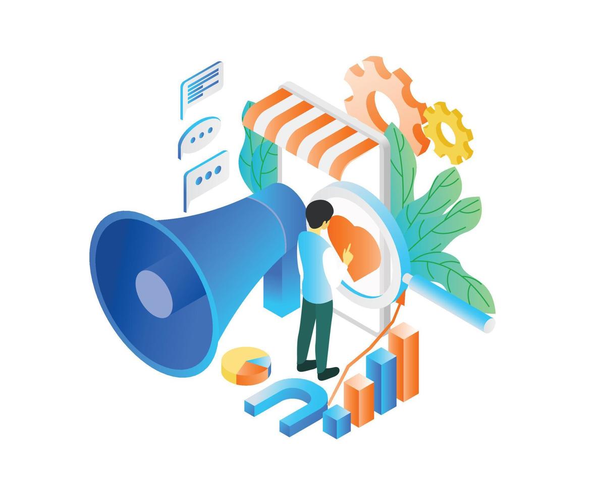 Isometric style illustration about marketing strategy with funnel and character vector