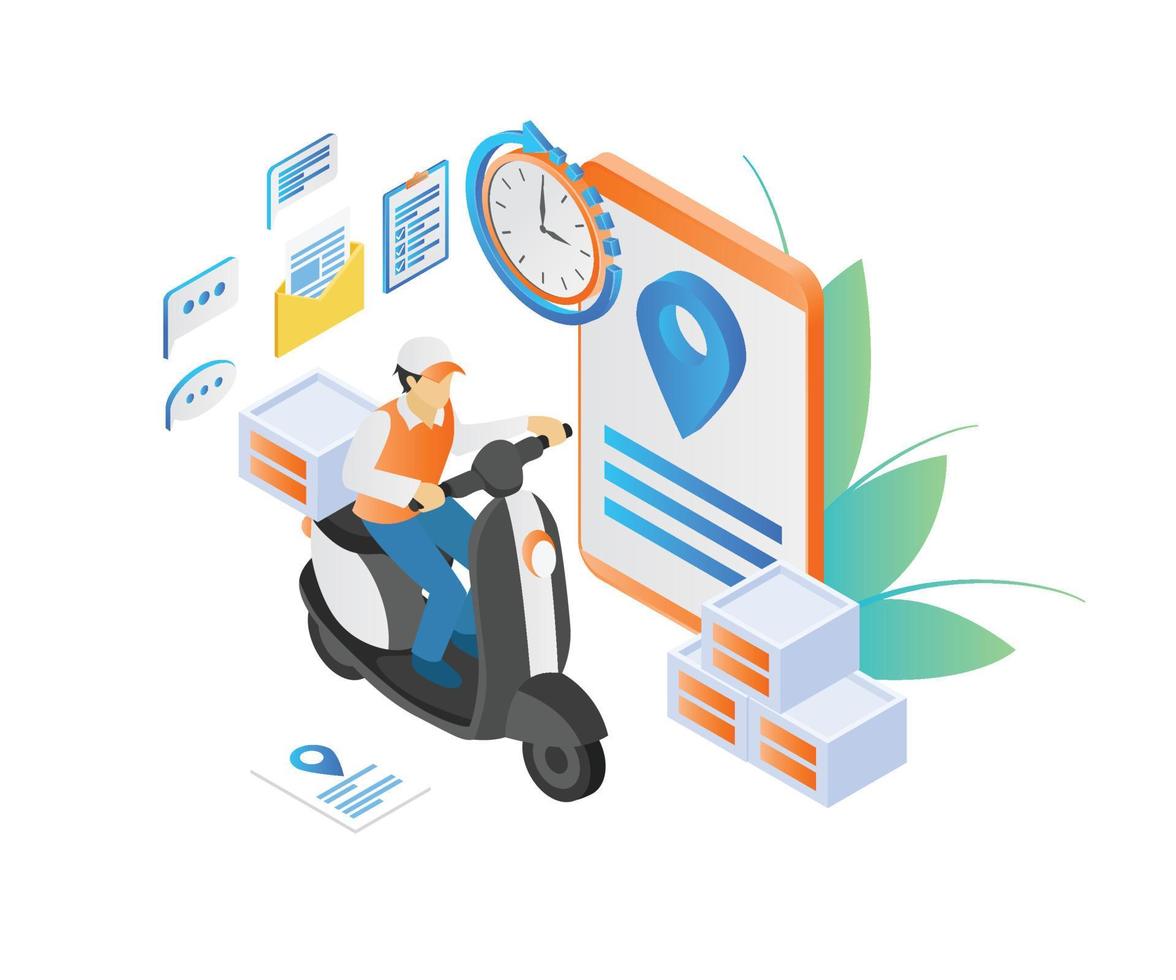 Delivery order isometric style illustration with matic motorbike and smartphone vector
