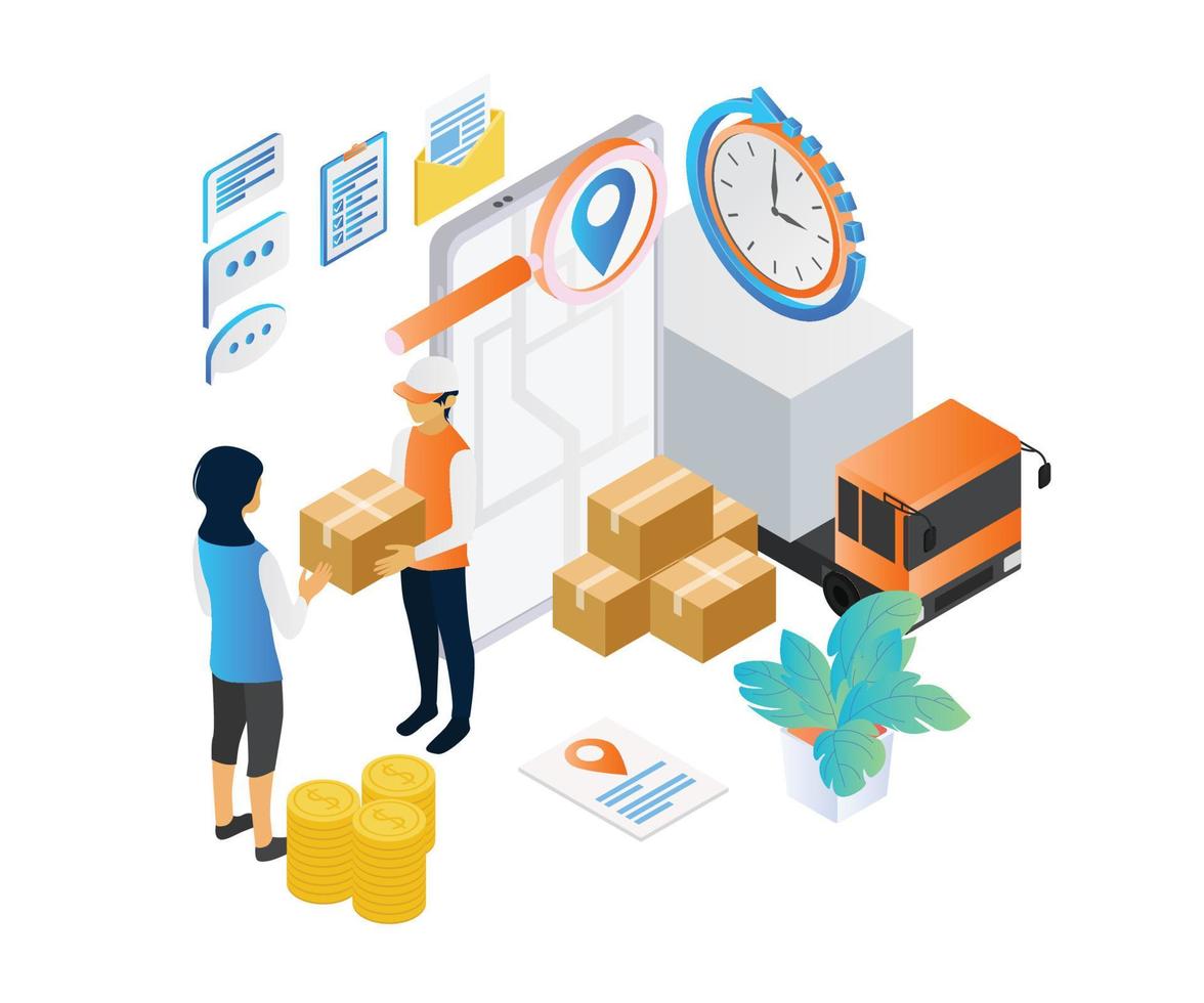 Isometric style delivery order illustration with truck and smartphone vector