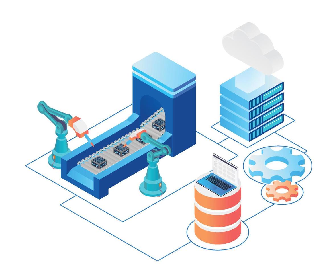 Robot machine illustration with isometric style cloud data storage vector