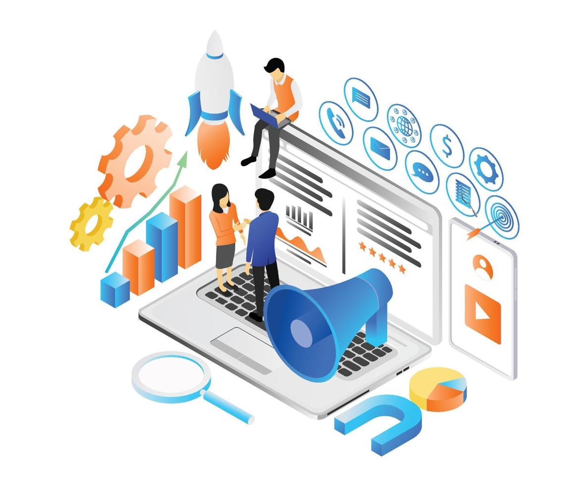 Isometric style illustration about marketing strategy with funnel and character or laptop vector