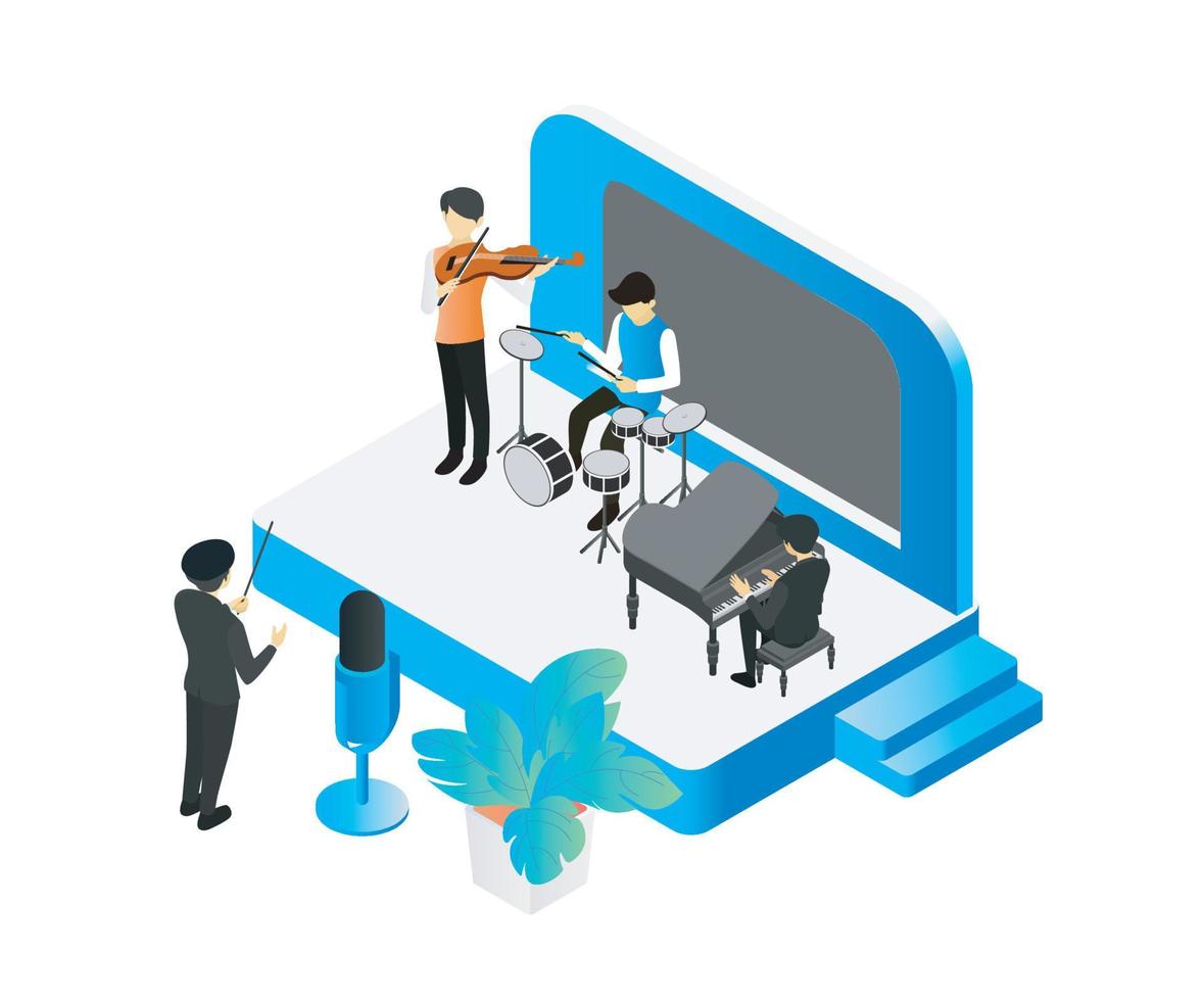 Isometric style illustration about musicians performing music vector