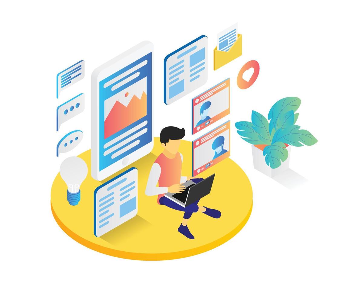 Illustration of people make engage and viral content in isometric style vector