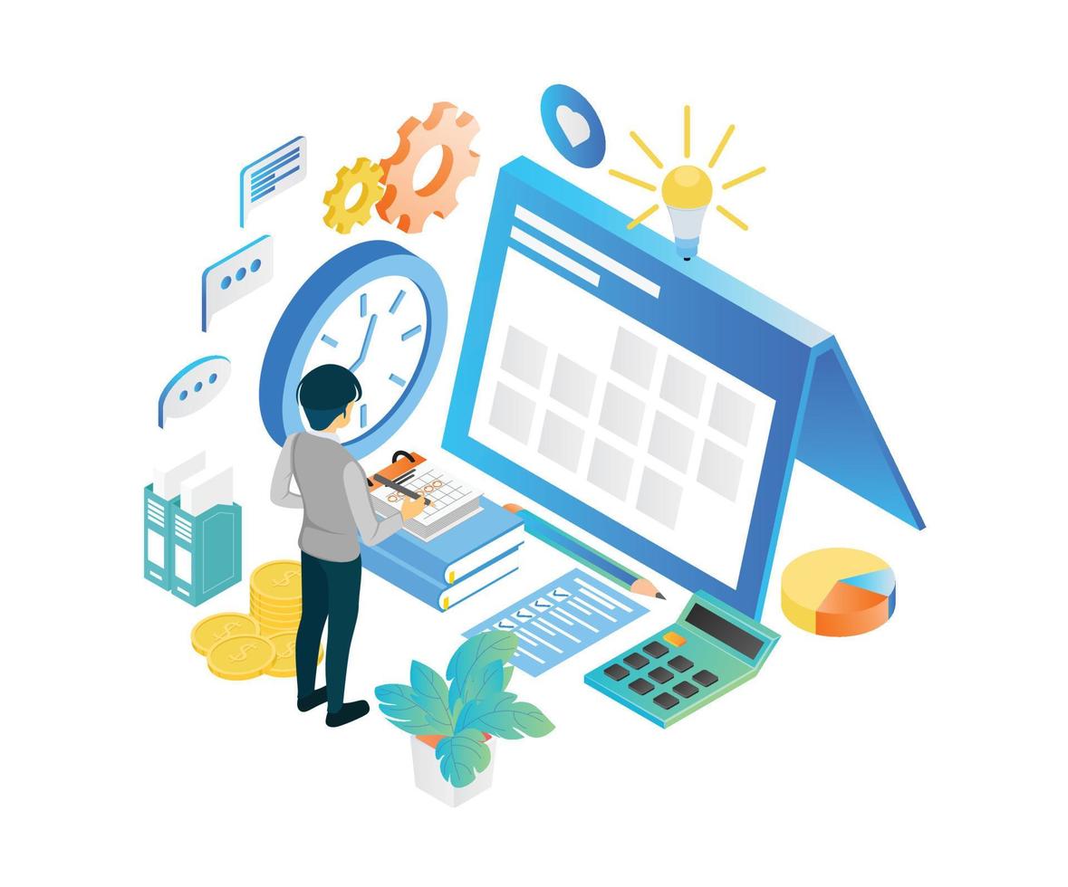 Isometric style illustration of business planning schedule with characters and date vector