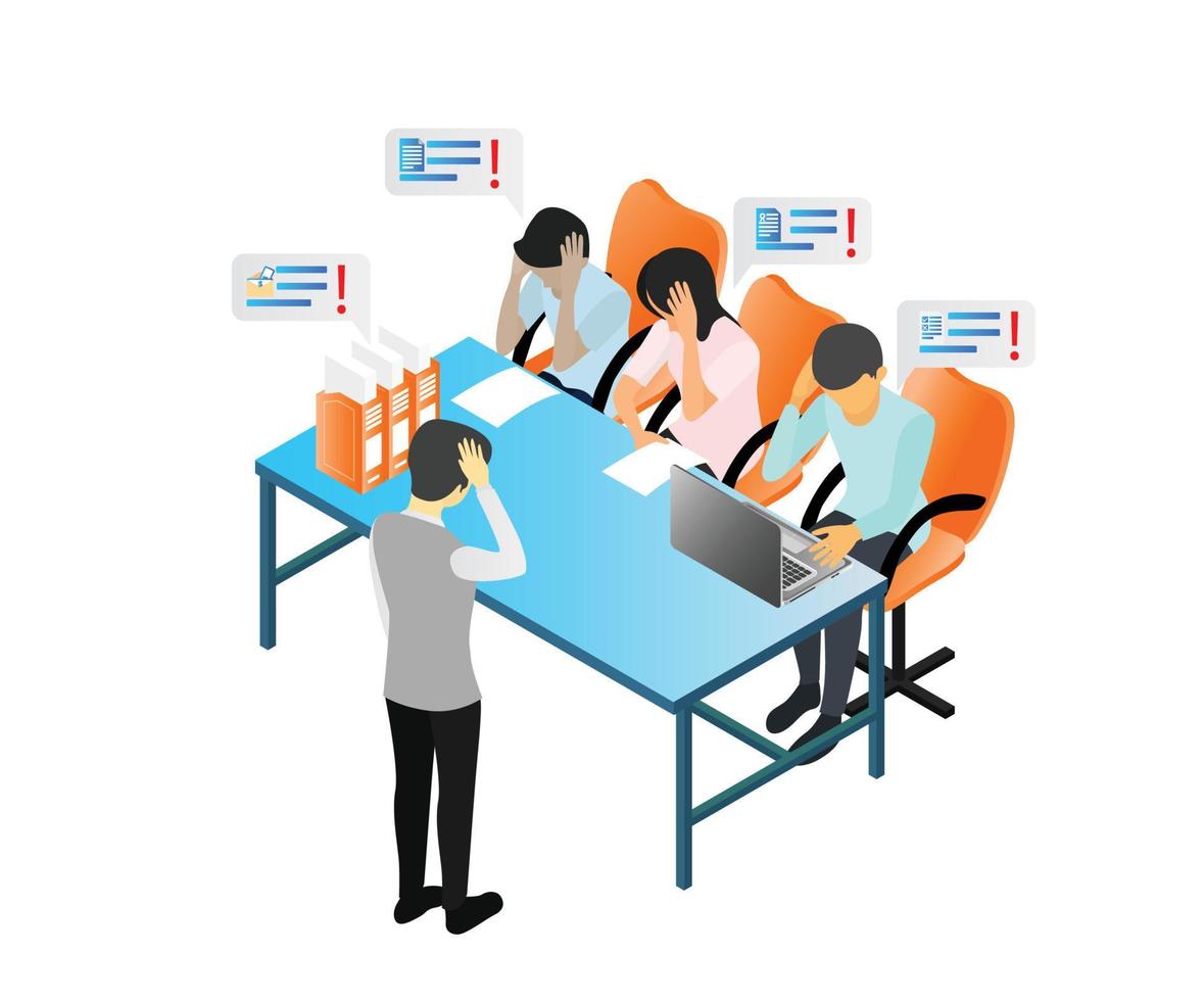 Isometric style illustration about a business team meeting with a character in deep thought vector