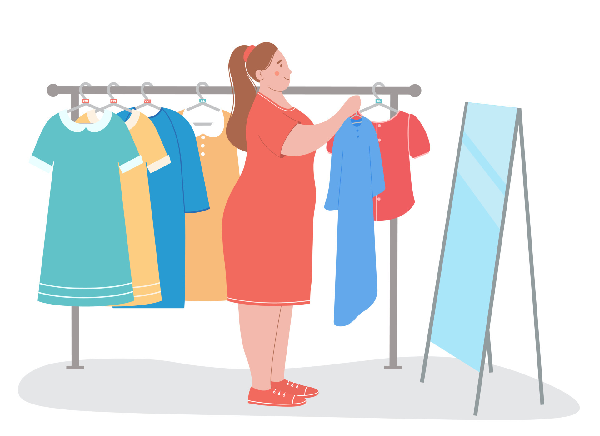 Plump woman in fashion store chooses clothes. She holds dress in her hands  and looks at herself in mirror. Retail concept plus-size clothing 6470956  Vector Art at Vecteezy