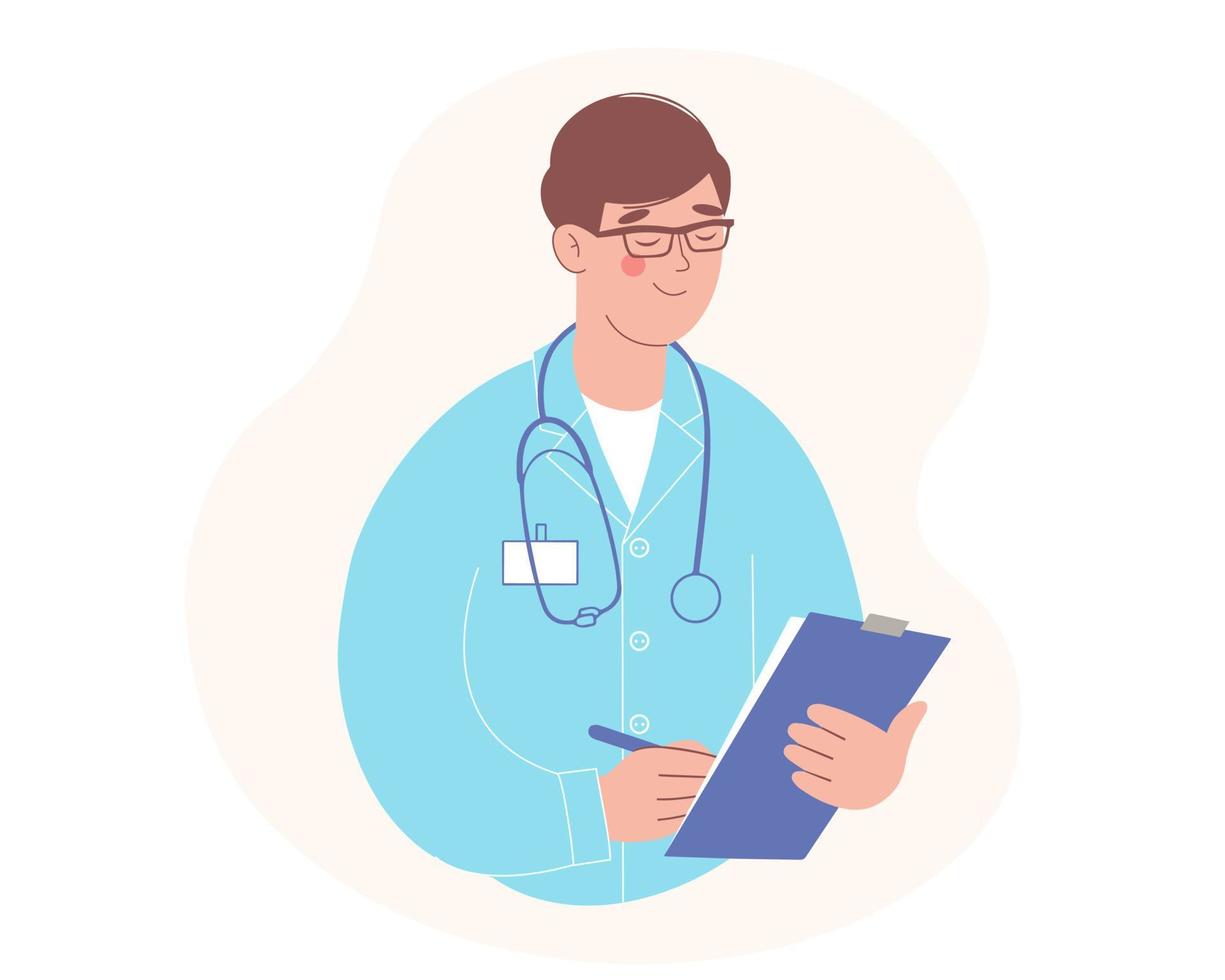 Male doctor in uniform with stethoscope. Medical worker holds folder with medical documents vector