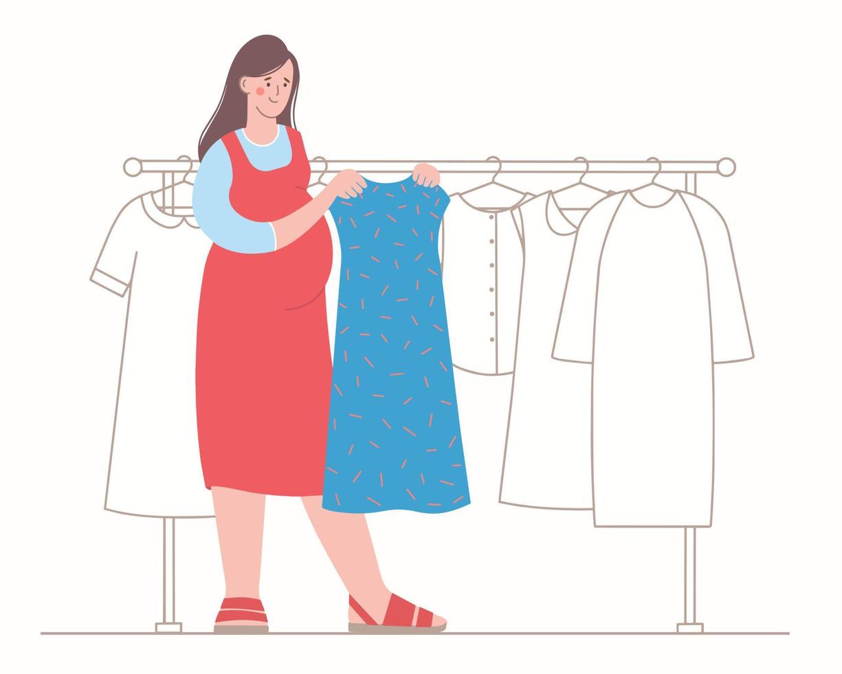 mujer embarazada en la tienda elige un vestido. ropa de maternidad. estante con vestidos vector