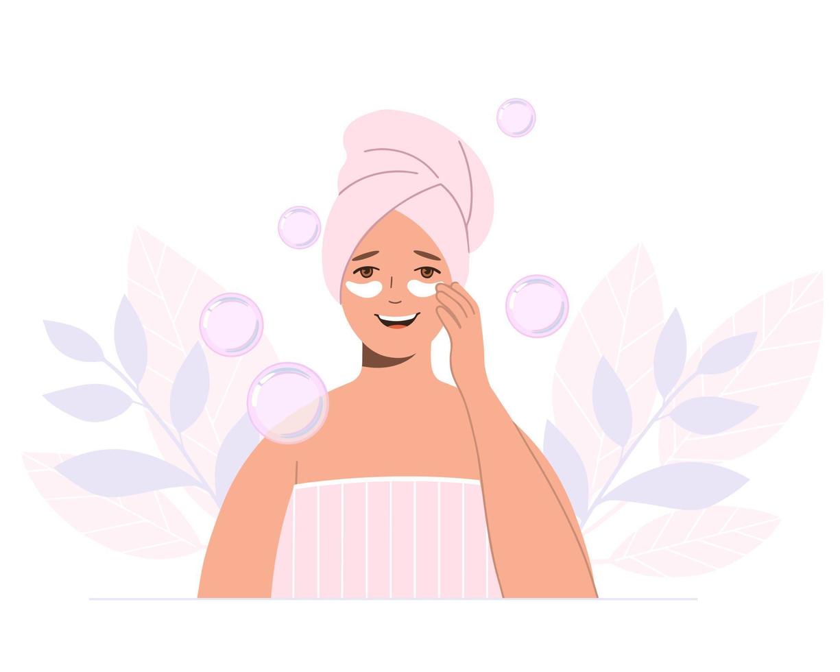 Beautiful woman with a towel on her head takes care of skin of her face. Spa procedure vector