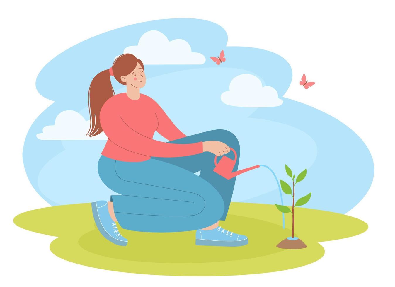 Young woman is watering a small tree from a watering can. Garden, vegetable garden, spring planting, flowers care vector