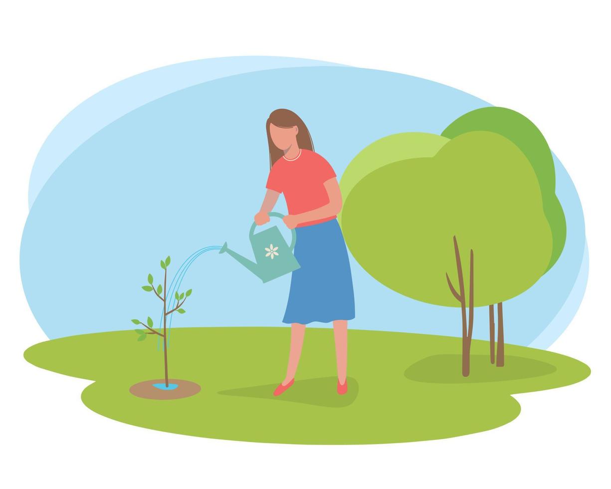 Young woman is watering a small tree from a watering can vector