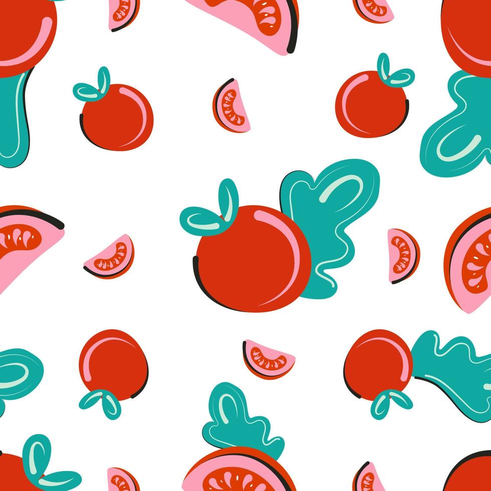 Vegetable seamless pattern with red tomatoes. Flat decorative vector background with cherry