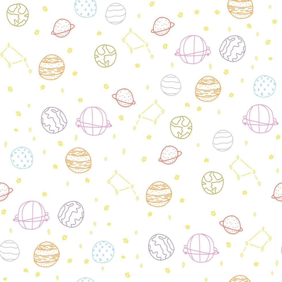Cute pattern with colorful planets stars in space. White paper for scrapbooking doodle cosmos. vector