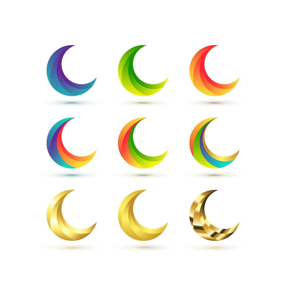 Collection of the crescent with nine assortment variation color gradients. Islamic graphic resources suitable for logo vector