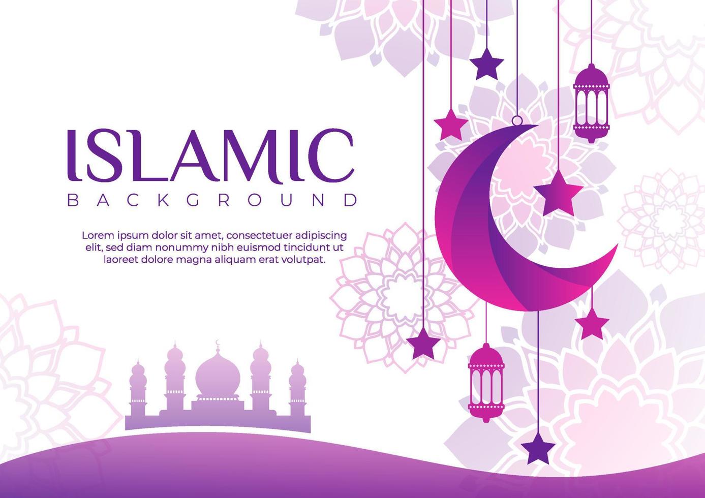 Islamic greeting card background and flower decoration with mosque silhouette. Eid al Fitr banner illustration with the hanging crescent moon, lanterns, and stars for Islamic celebration templates. vector