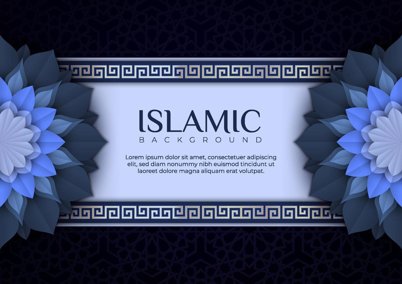 Islamic greeting card background and flower decoration. Beautiful banner illustration with Arabic ornament on the blue color. Suitable for Islamic celebration templates. vector