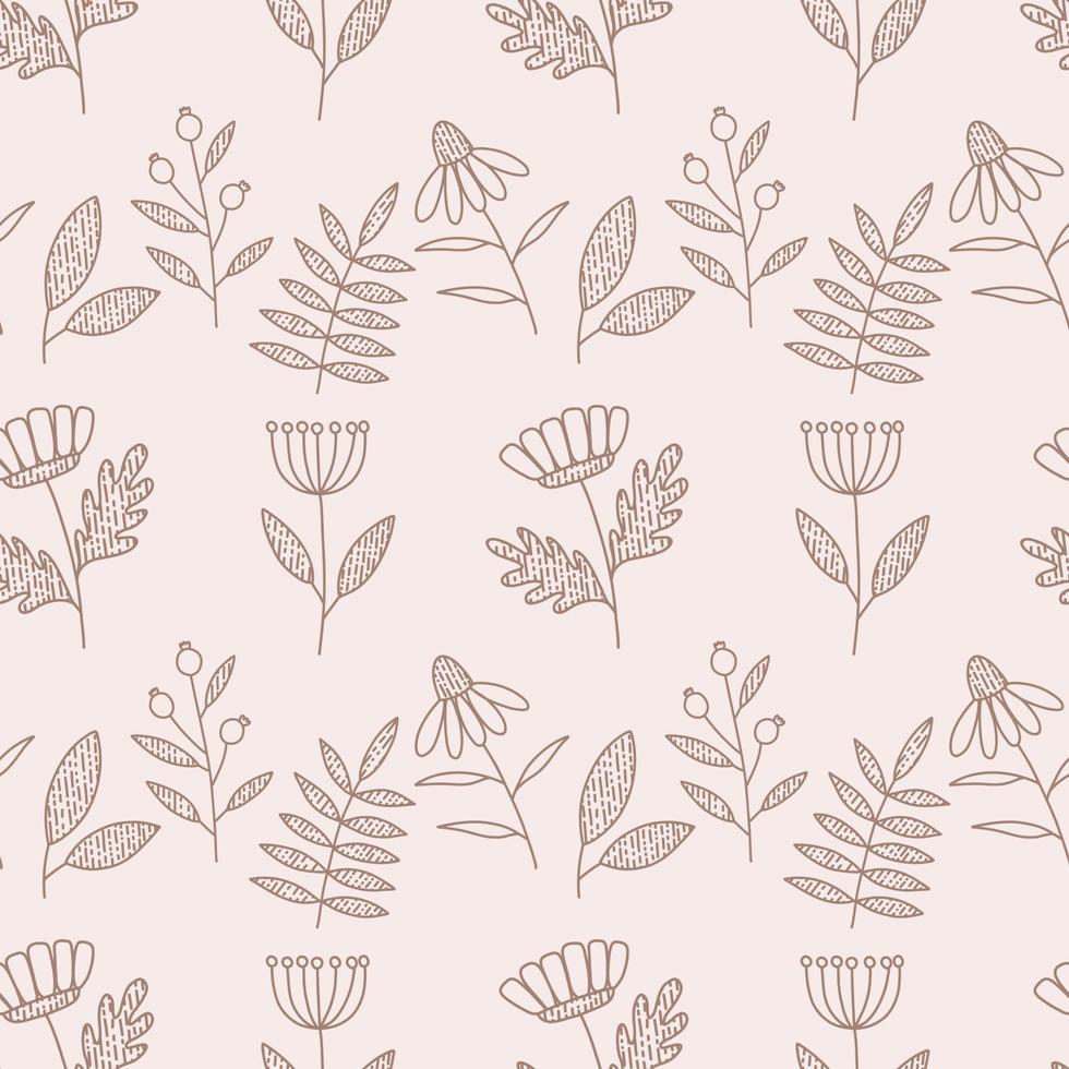 Seamless pattern with contoured flowers and plants on beige background vector