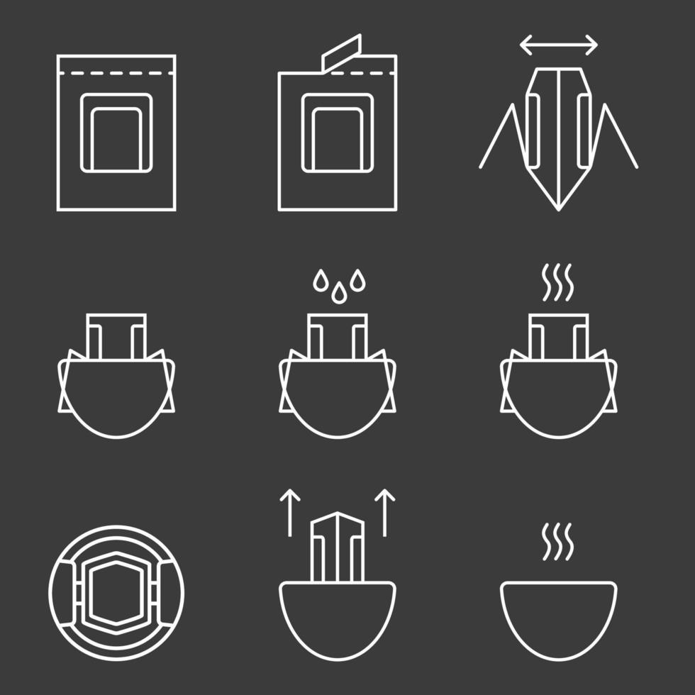 Drip coffee bag for easy brewing in a cup. Set of vector icons, white isolated illustration on black background. Instructions for making fresh coffee drink drip method