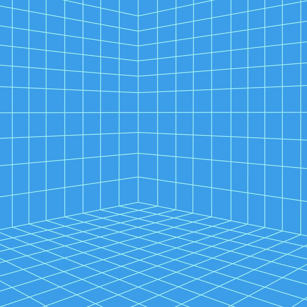 sala de cuadrícula en perspectiva, ilustración vectorial en estilo 3d. estructura alámbrica interior de líneas azules, cuadrado interior de plantilla, caja digital vacía. diseño de fondo mínimo vector