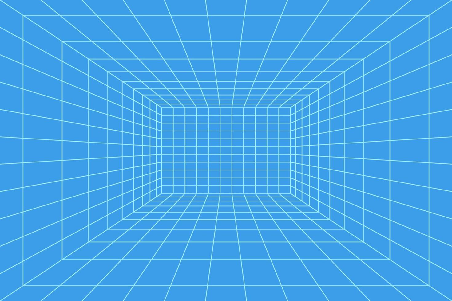 Grid room in perspective, vector illustration in 3d style. Indoor wireframe from blue lines, template interior square, digital empty box. Minimal background design