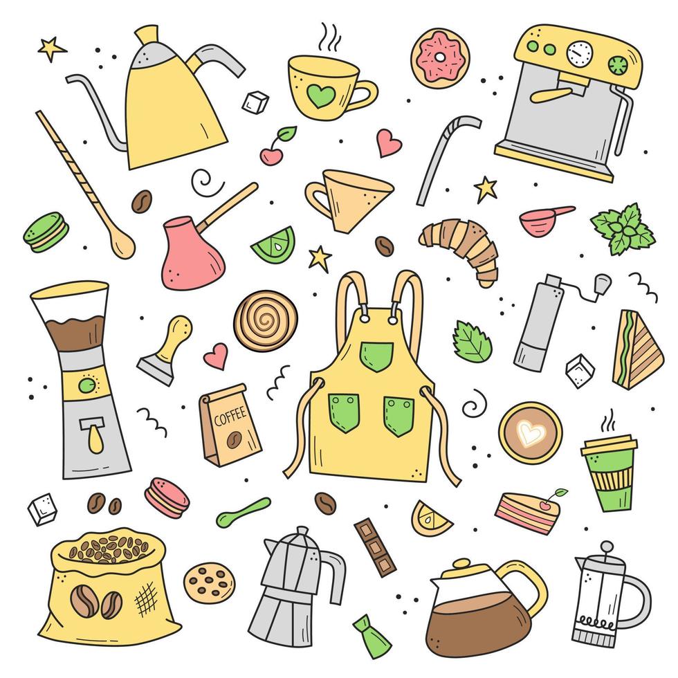 Color set of doodle elements hand drawn. Coffee and tea break with cake, barista profession. Vector illustration, colorful isolated elements on a white background