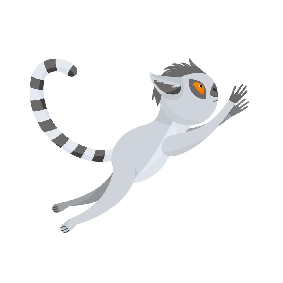 Funny gray lemur jumps high. The fluffy striped tail curves. Cute baby animal in cartoon style. Vector illustration, isolated color elements on a white background