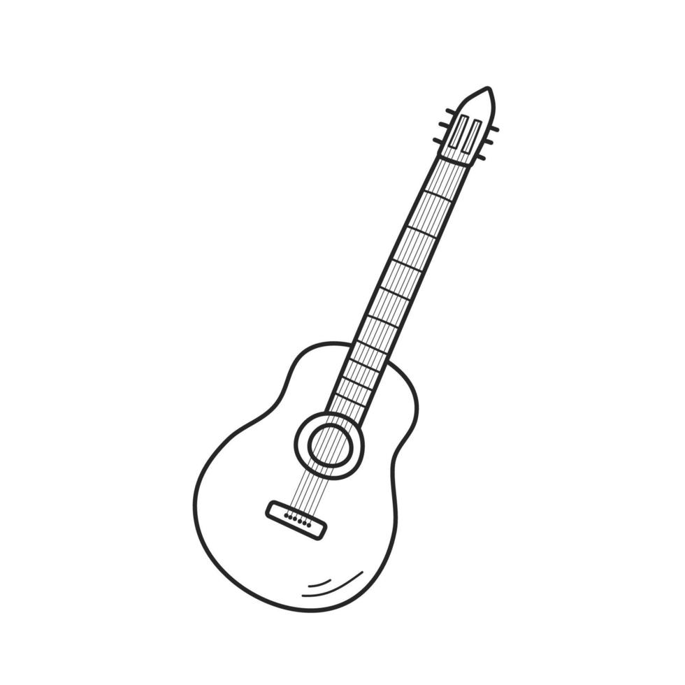Acoustic guitar in the style of doodle. Folk musical instrument for playing and concerts. The outline of the icon drawn by hand. Vector illustration, isolated elements on a white background