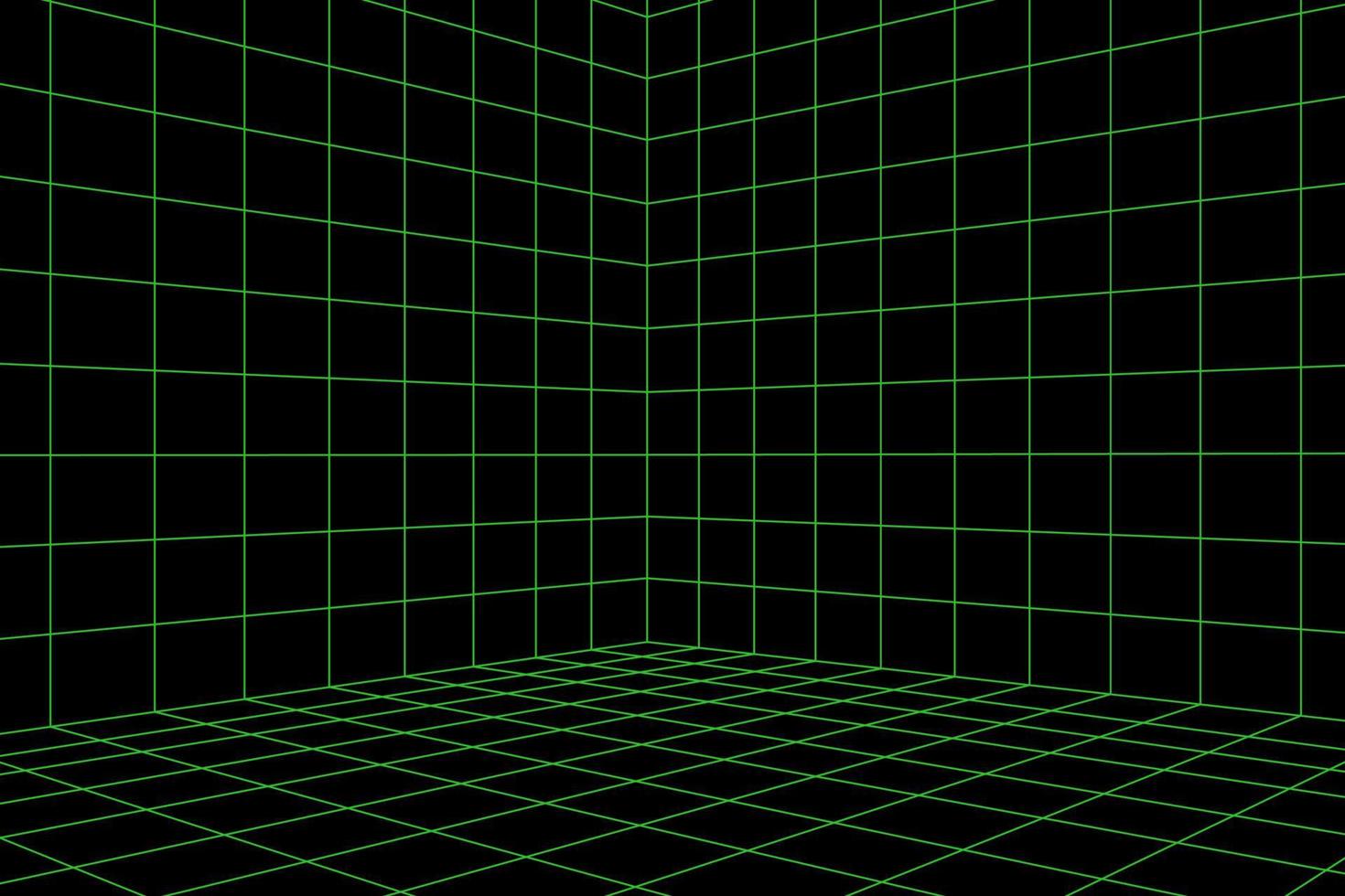 Grid room in perspective, vector illustration in 3d style. Indoor wireframe from green lines, template interior square, digital empty box. Laser beam on black background