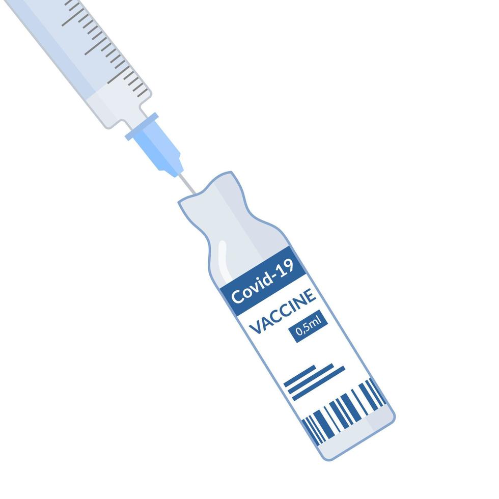 The syringe draws liquid from the ampoule. A vaccine for the prevention of coronavirus infection caused by the SARS-Cov-2 virus. Against the Covid-19 epidemic. vector