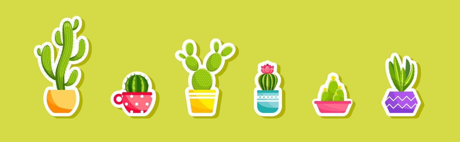 Sticker Cacti and succulent plants in flower pots. Vector sticker set of cute green cacti and succulents in pots. Collection of houseplants in pots. Isolated on white background