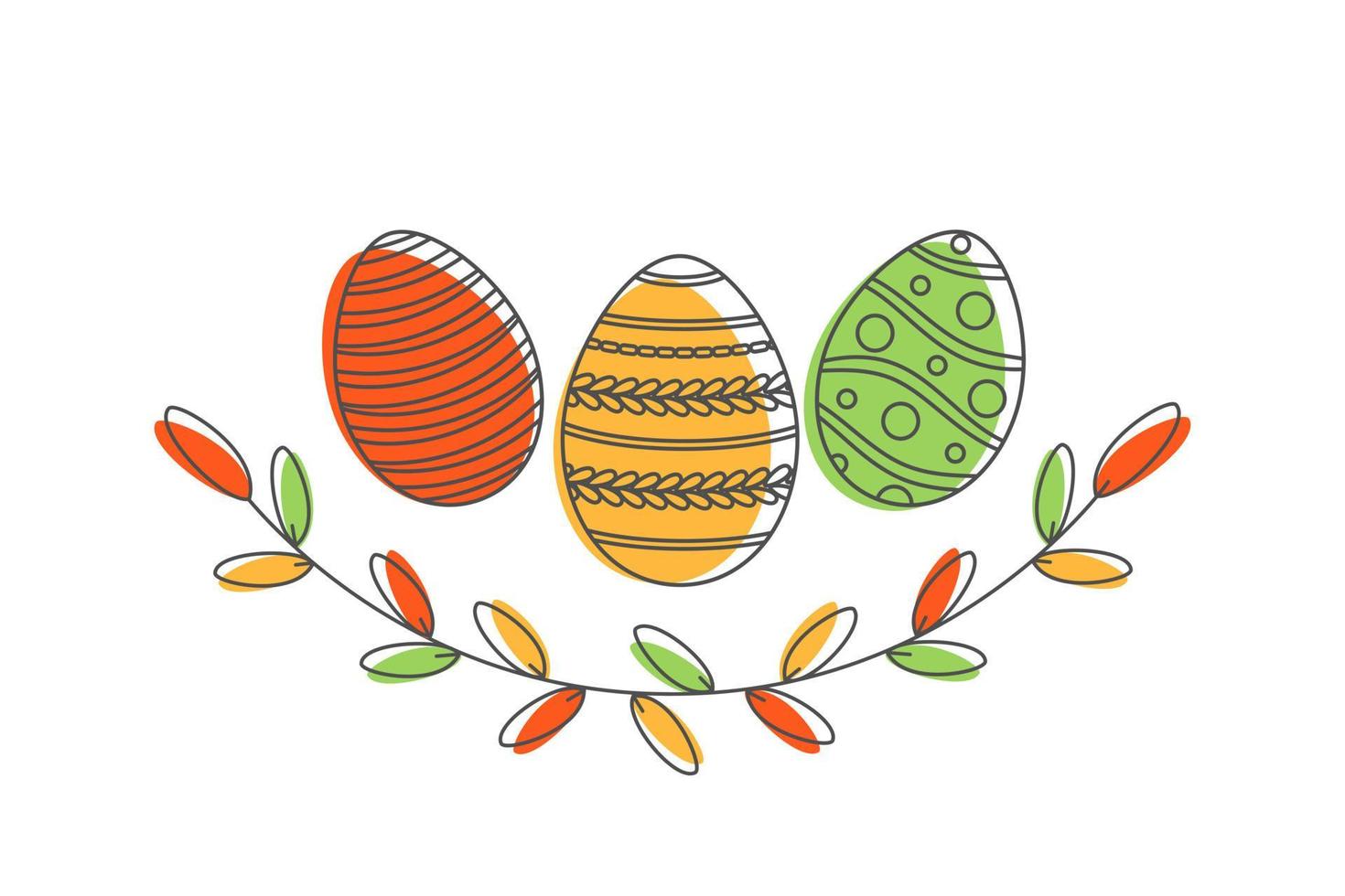 feliz tarjeta de felicitación de pascua con inscripción caligráfica y huevos. felices letras de pascua. mano dibujó huevos de corona de elementos de pascua en el fondo blanco. ilustración vectorial vector