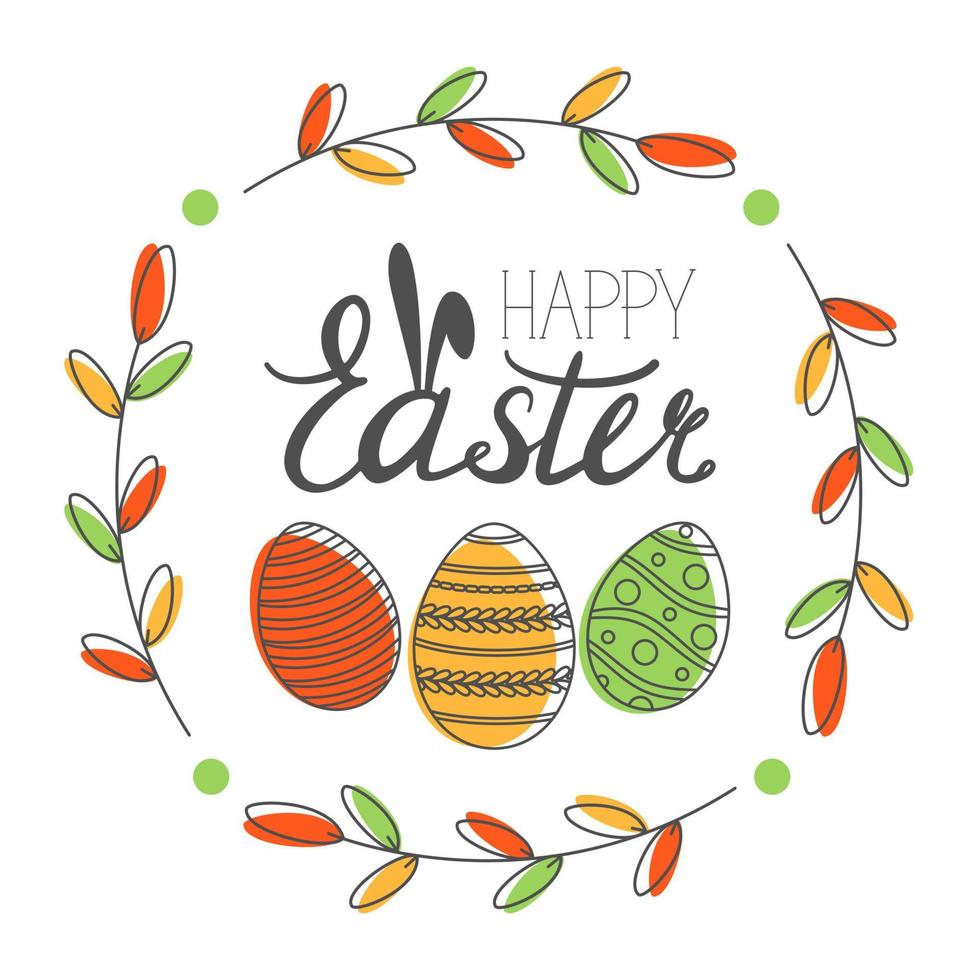 feliz tarjeta de felicitación de pascua con inscripción caligráfica y huevos. felices letras de pascua. mano dibujó huevos de corona de elementos de pascua en el fondo blanco. ilustración vectorial vector