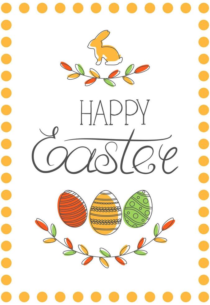 Happy Easter greeting card in with calligraphic inscription and eggs. Happy Easter lettering. Hand drew easter elements wreath eggs in the white background. Vector illustration.