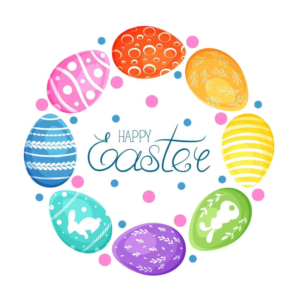Happy Easter greeting banner with calligraphic typography and eggs. Happy Easter lettering card. Hand drew easter elements wreath eggs in the white background. Vector illustration.