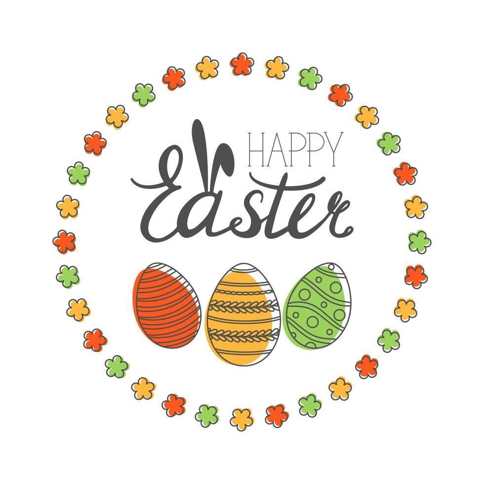 feliz tarjeta de felicitación de pascua con inscripción caligráfica y huevos. felices letras de pascua. mano dibujó huevos de corona de elementos de pascua en el fondo blanco. ilustración vectorial vector