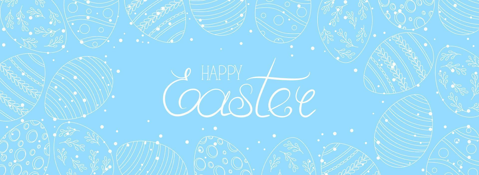 Happy Easter greeting banner with calligraphic typography and eggs. Happy Easter lettering card. Hand drew easter elements wreath eggs in the white background. Vector illustration.