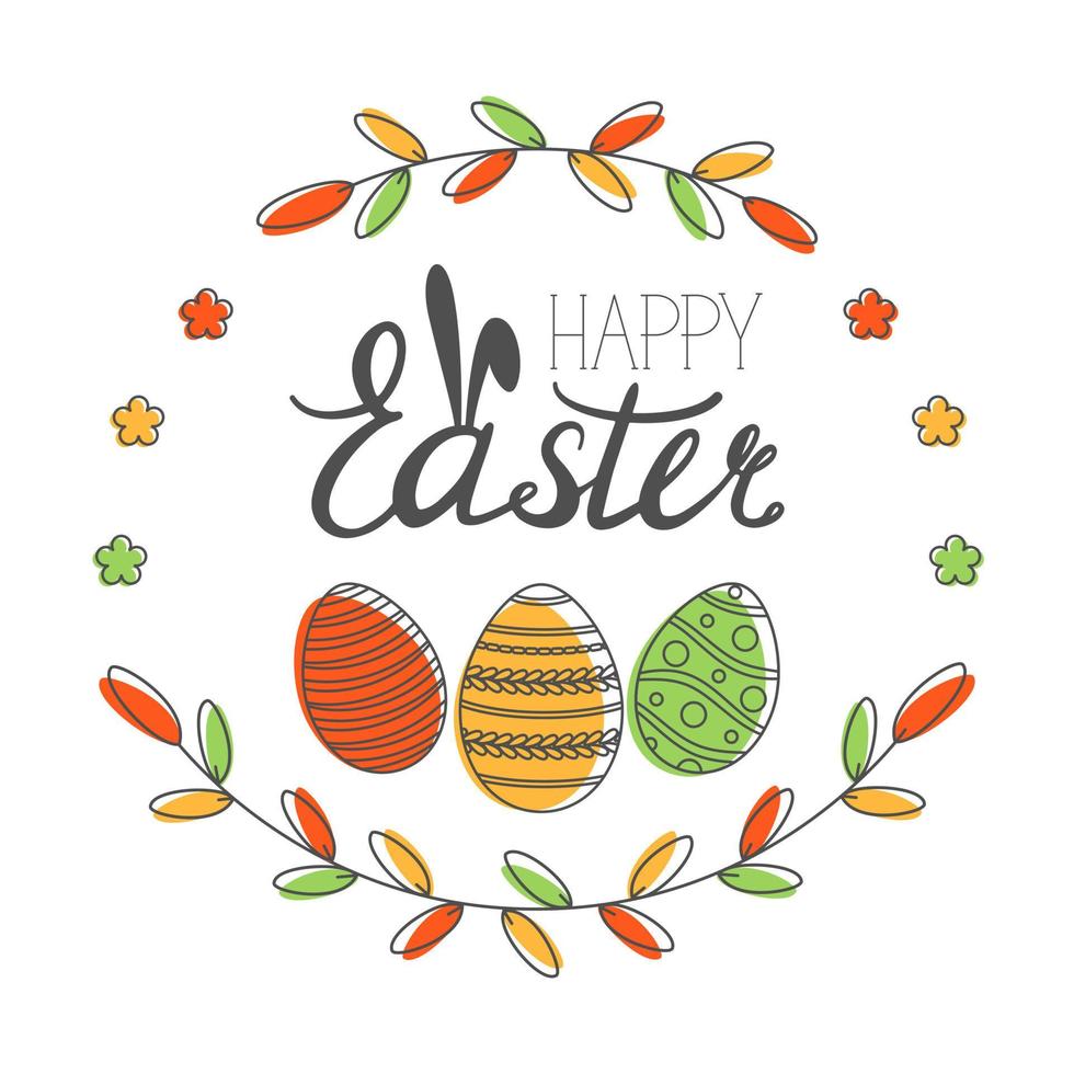 Happy Easter greeting card with calligraphic inscription and eggs. Happy Easter lettering. Hand drew easter elements wreath eggs in the white background. Vector illustration.