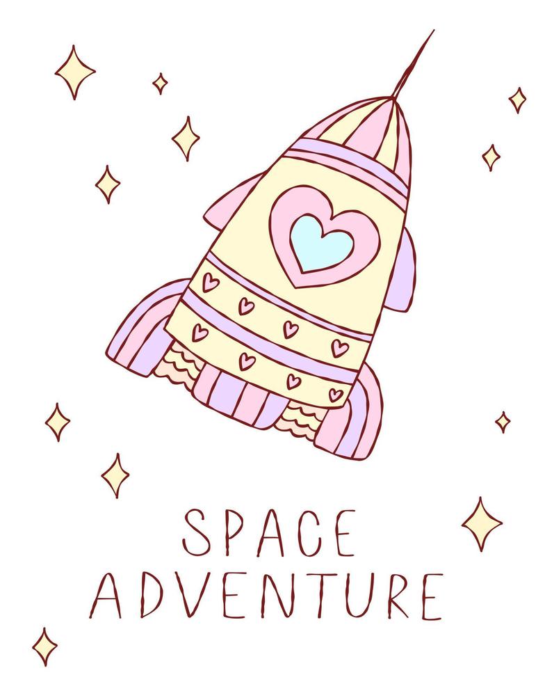 Cute rocket in space adventure time text. White doodle cosmos postcard, background, poster. Hand drawn cute heart vector illustration.