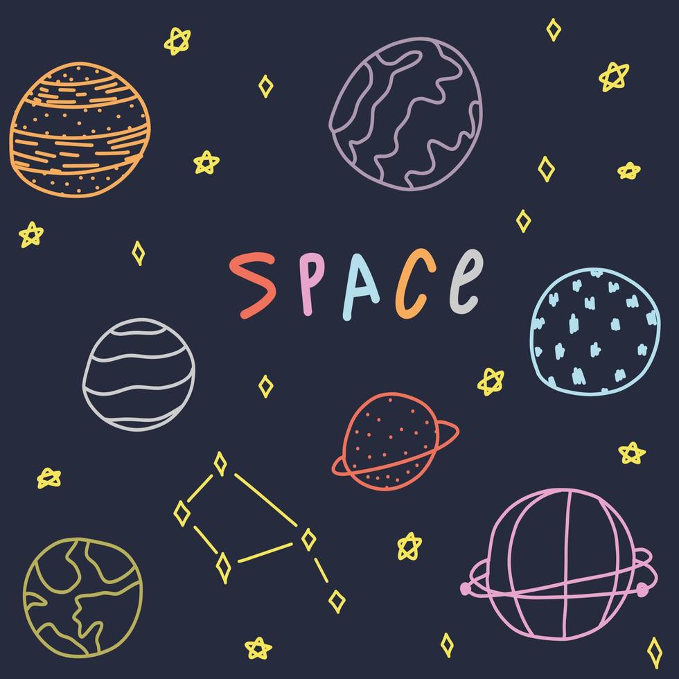Planets collection with text space. Cute doodle cosmos stars for postcard, poster, background. Hand drawn vector illustration.
