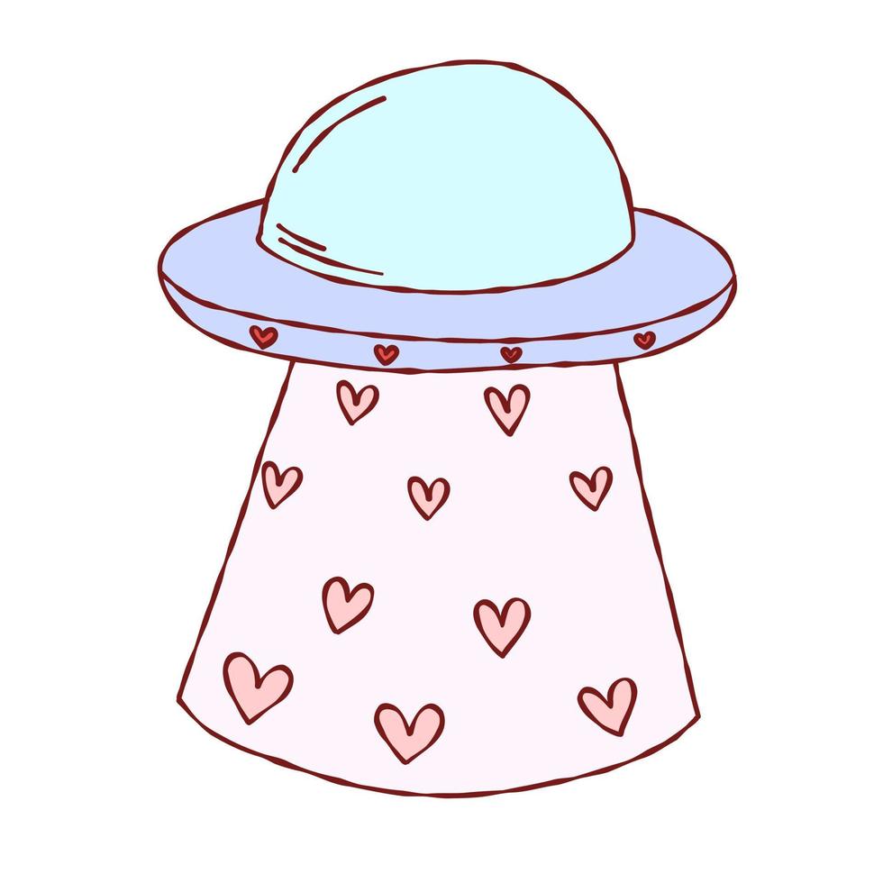 Cute ufo in space with hearts. White doodle cosmos postcard, background, poster. Hand drawn space vector illustration.