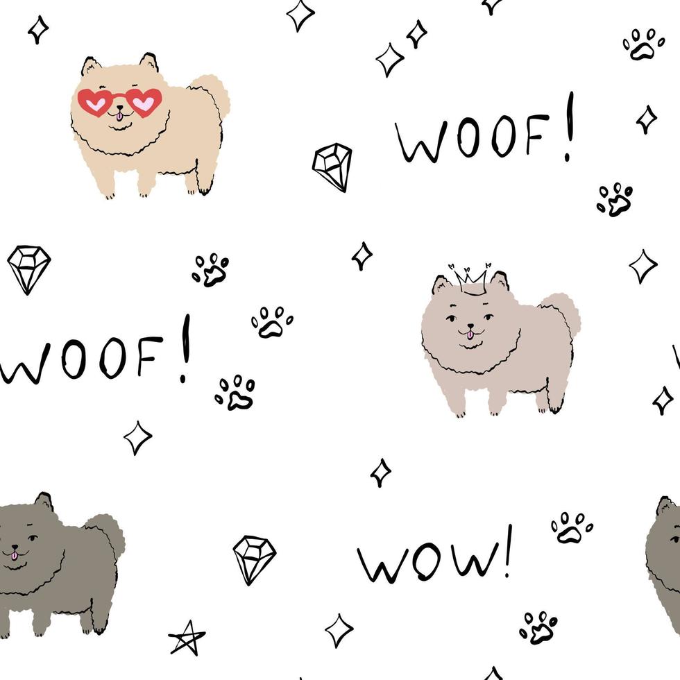 Cute dog pattern with stars, spitz, paws, woof. White paper for scrapbooking, doodle pet. vector