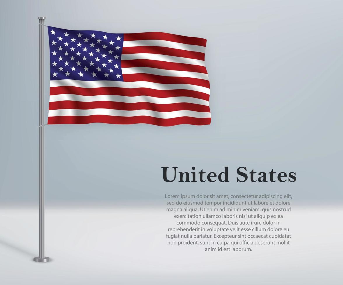 Waving flag of United States on flagpole. Template for independe vector