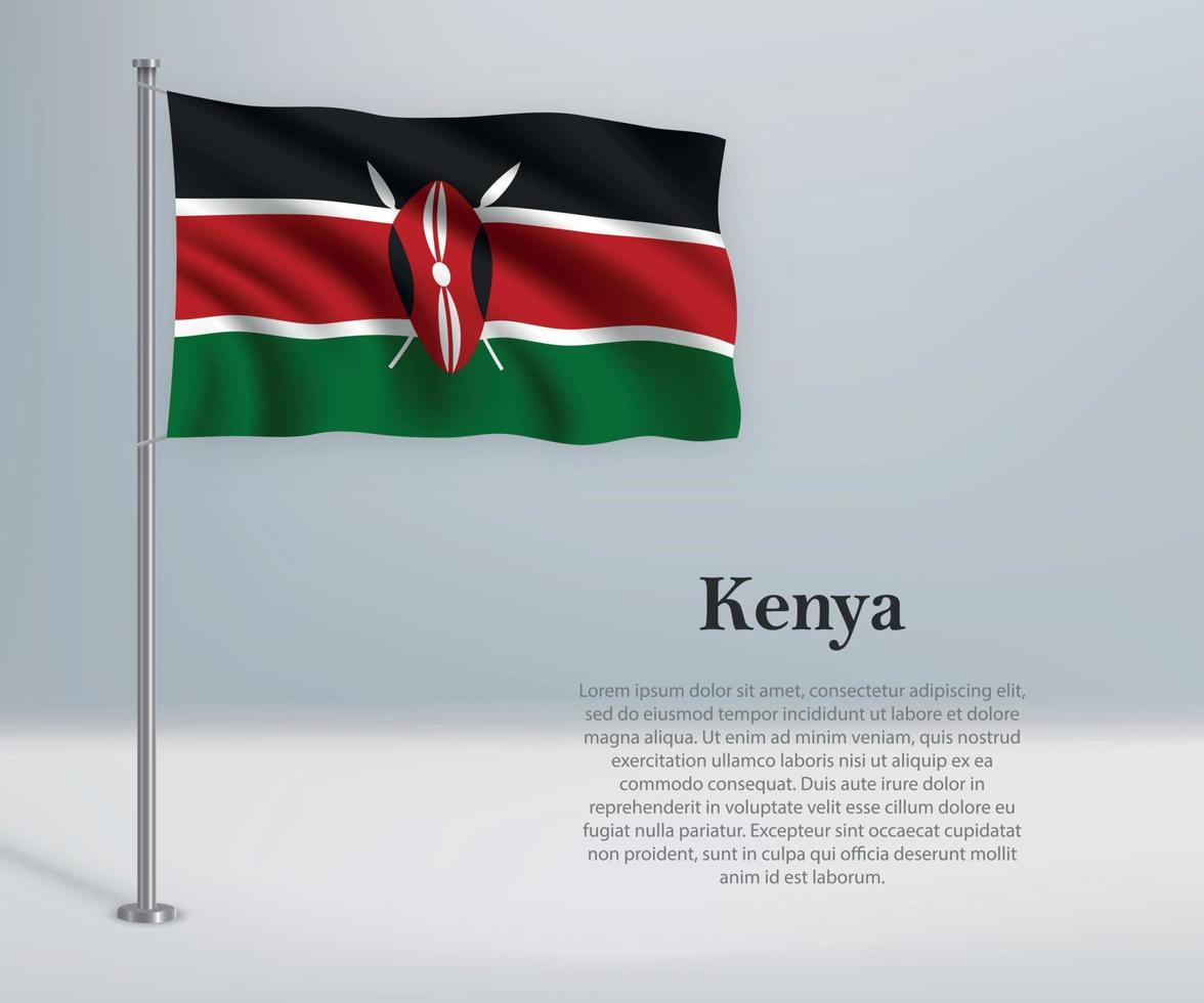 Waving flag of Kenya on flagpole. Template for independence day vector