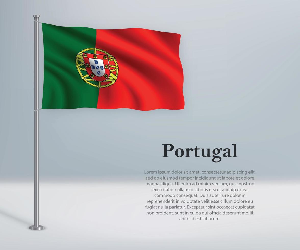 Waving flag of Portugal on flagpole. Template for independence d vector