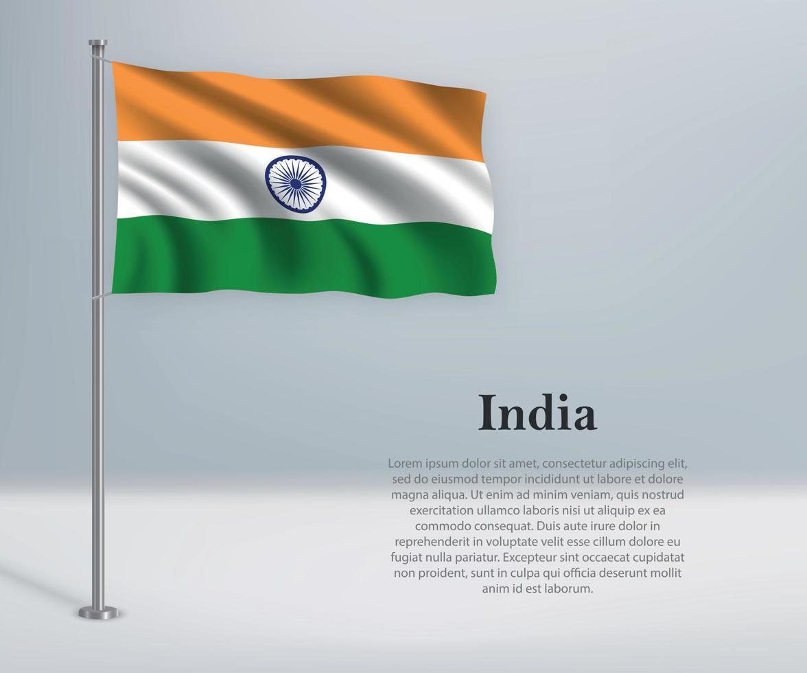 Waving flag of India on flagpole. Template for independence day vector