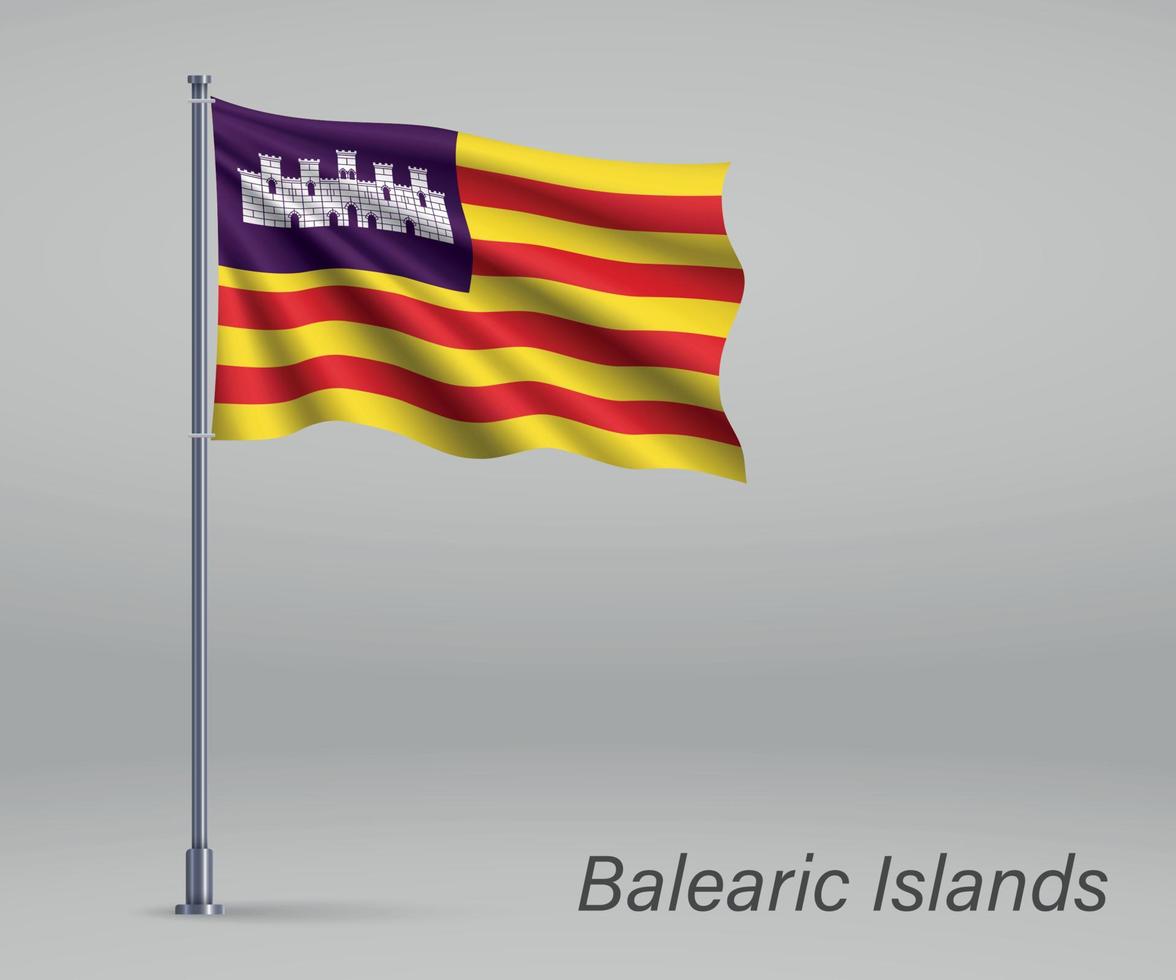 Waving flag of Balearic Islands - region of Spain on flagpole. T vector