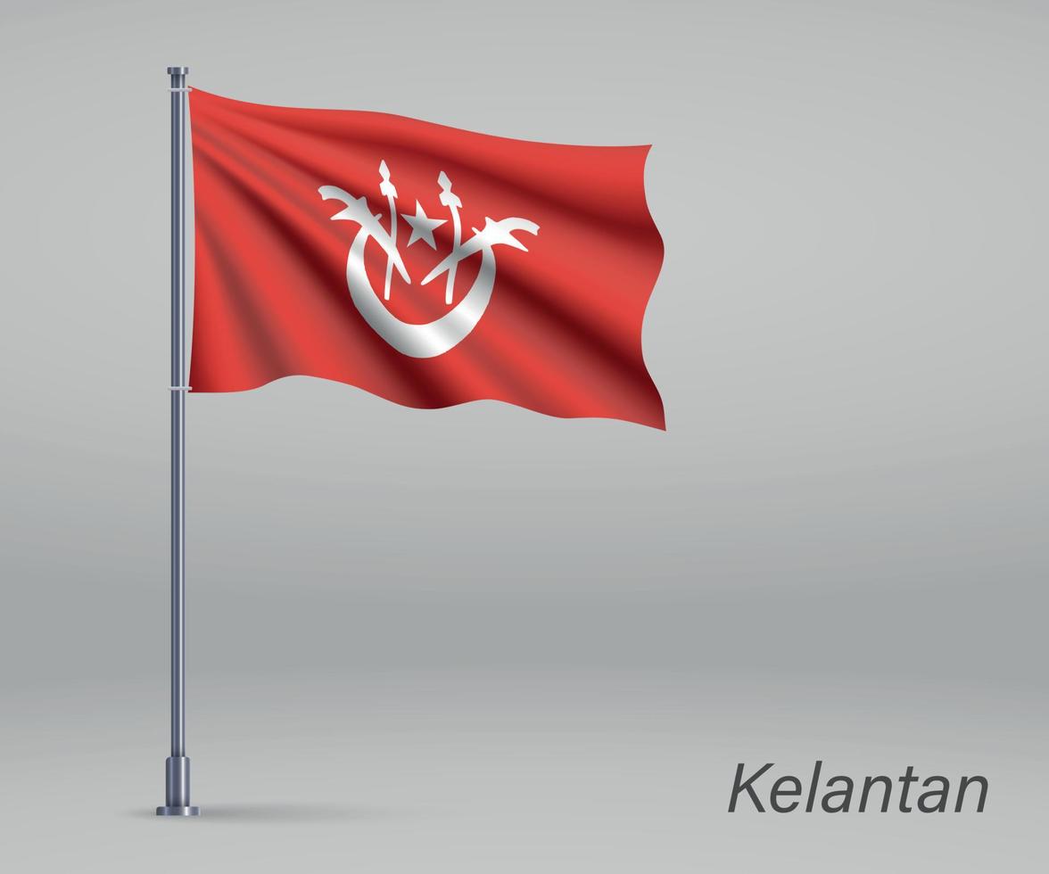 Waving flag of Kelantan - state of Malaysia on flagpole. Templat vector