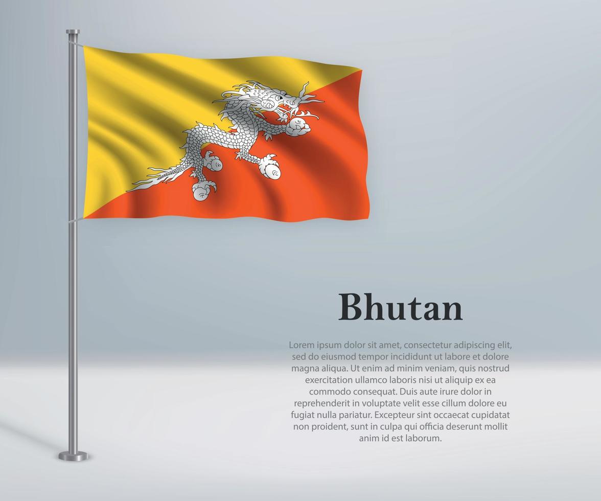 Waving flag of Bhutan on flagpole. Template for independence day vector