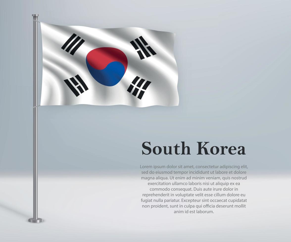 ondeando la bandera de corea del sur en el asta de la bandera. plantilla para independencia vector